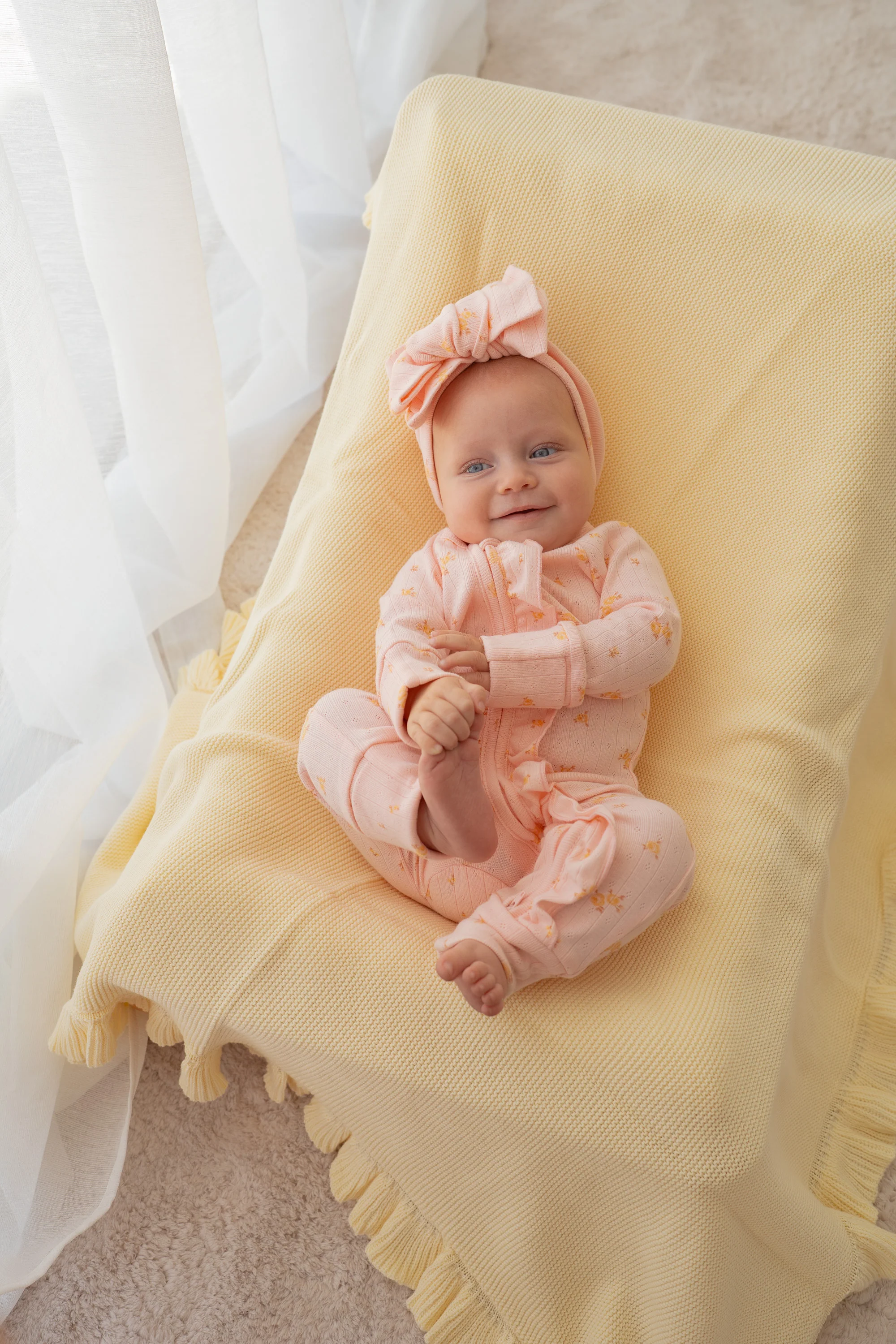 Essential Frill Zip Romper | Tiny Yellow Floral Pointelle - Image 5