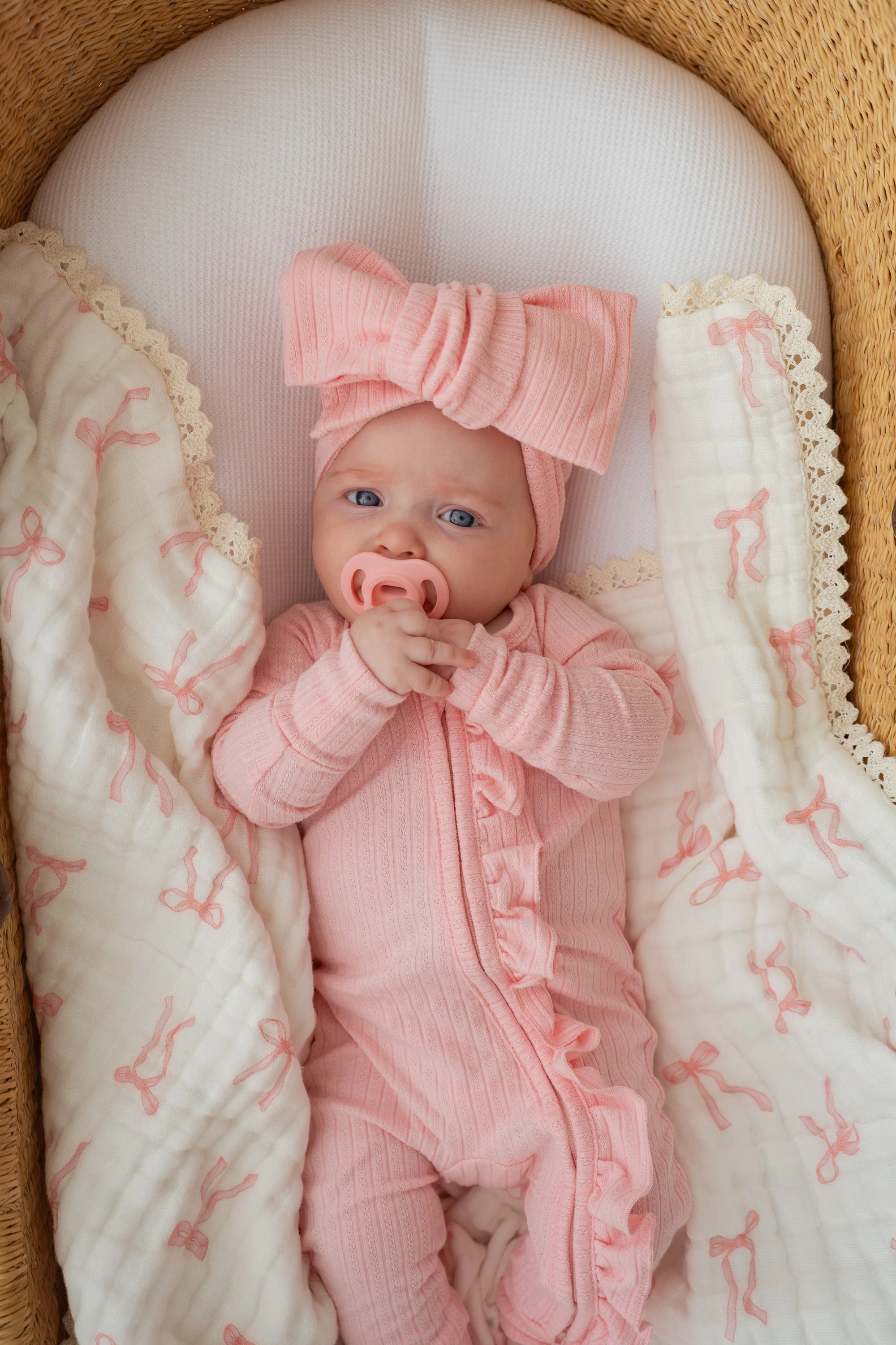 Frill Zip Romper | Peony Rib Pointelle - Image 6