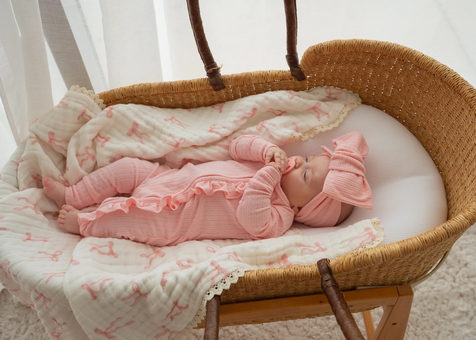 Frill Zip Romper | Peony Rib Pointelle - Image 7